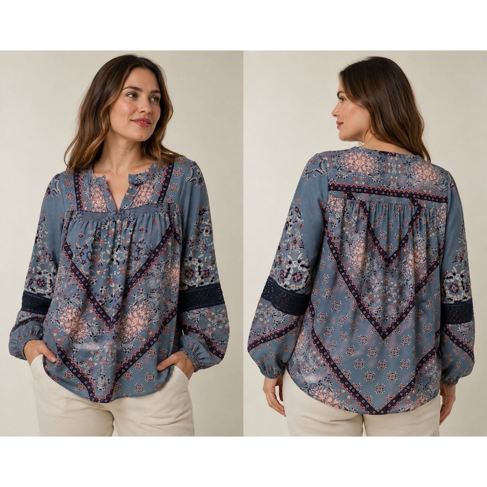 Knox Rose Women's Small Boho Floral Peasant Blouse Blue Long Sleeve Crochet Trim